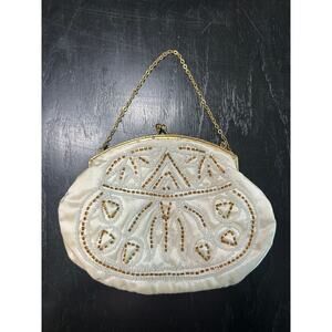 50s 60s Glam Cocktail Evening Clutch mini Bag- Satin Cream white gold beading